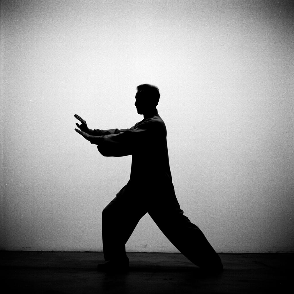 Silhouette of a practitioner mid-step forward in a tai chi bow stance against a pale wall.